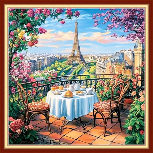 Image of Joyhoor Cross Stitch Kits for Beginners Stamped Cross-Stitch Supplies Needlework preprint Embroidery Kits for Adults DIY Needlepoint Kits Embroidery Patterns 11CT-Tower Scenery 18x18 inchs