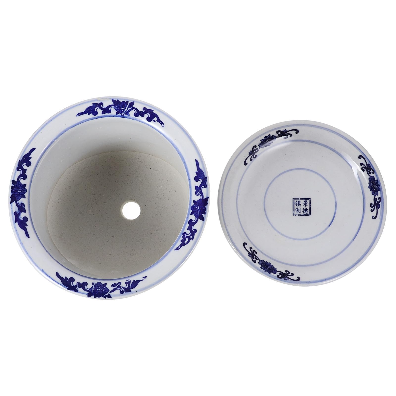 Set 1 Vaso in Ceramica con Motivo Blu Classico, con Vassoio Incluso, Vaso Decorativo per Bonsai e Piante Grasse da Interno da Esterno