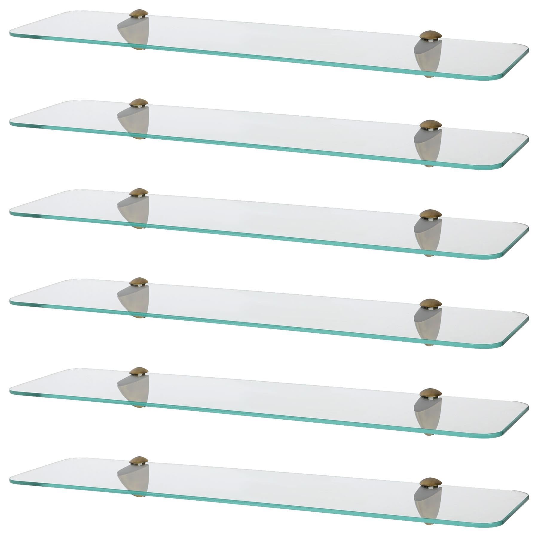 Harbour Housewares Rounded Floating Glass Bathroom Shelves - 60cm - Clear/Gold - 6x Wall-Mounted Kitchen Bedroom Shower Room Décor Caddy Towel Storage Organiser Shelving Rack with Brackets