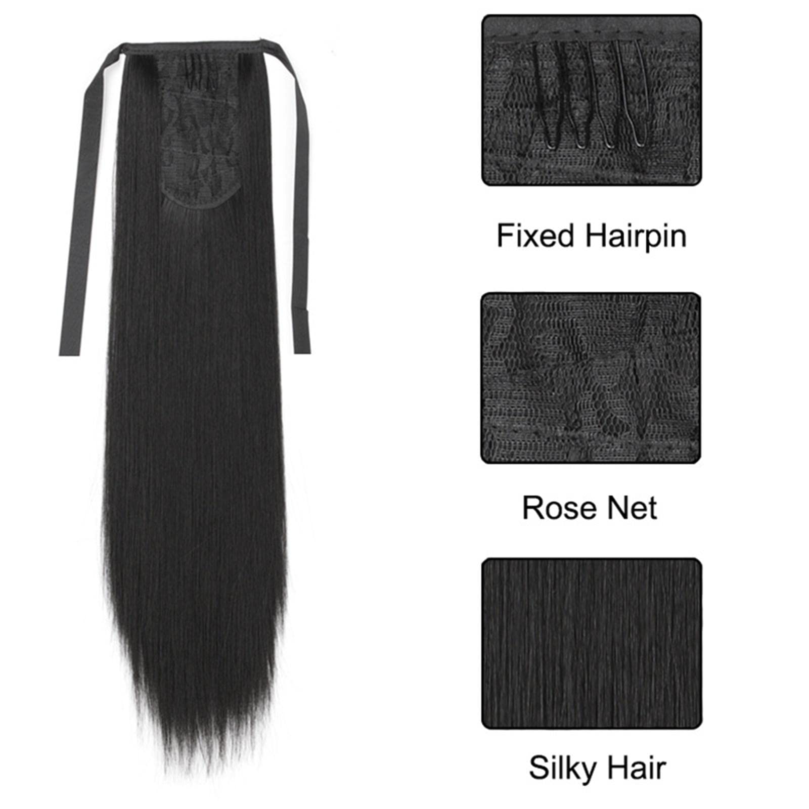 Extension de Queue de Cheval Longue Lisse avec Cordon Faux Postiche Noir Perruque Synthétique Fibre Résistante à La Chaleur Fixation Par Pince Confort, 75CM