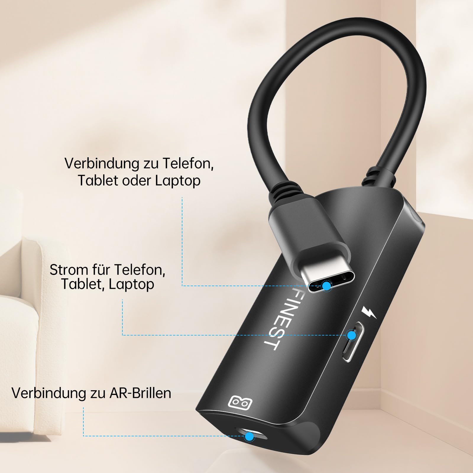 USB-C zu AR-Brille & Ladeadapter – 4K@60Hz, 100W PD-Passthrough, kompakt & reisetauglich, kompatibel mit XREAL, Viture, Rokid, Steam Deck, ROG Ally, iPhone 15/16 und Android