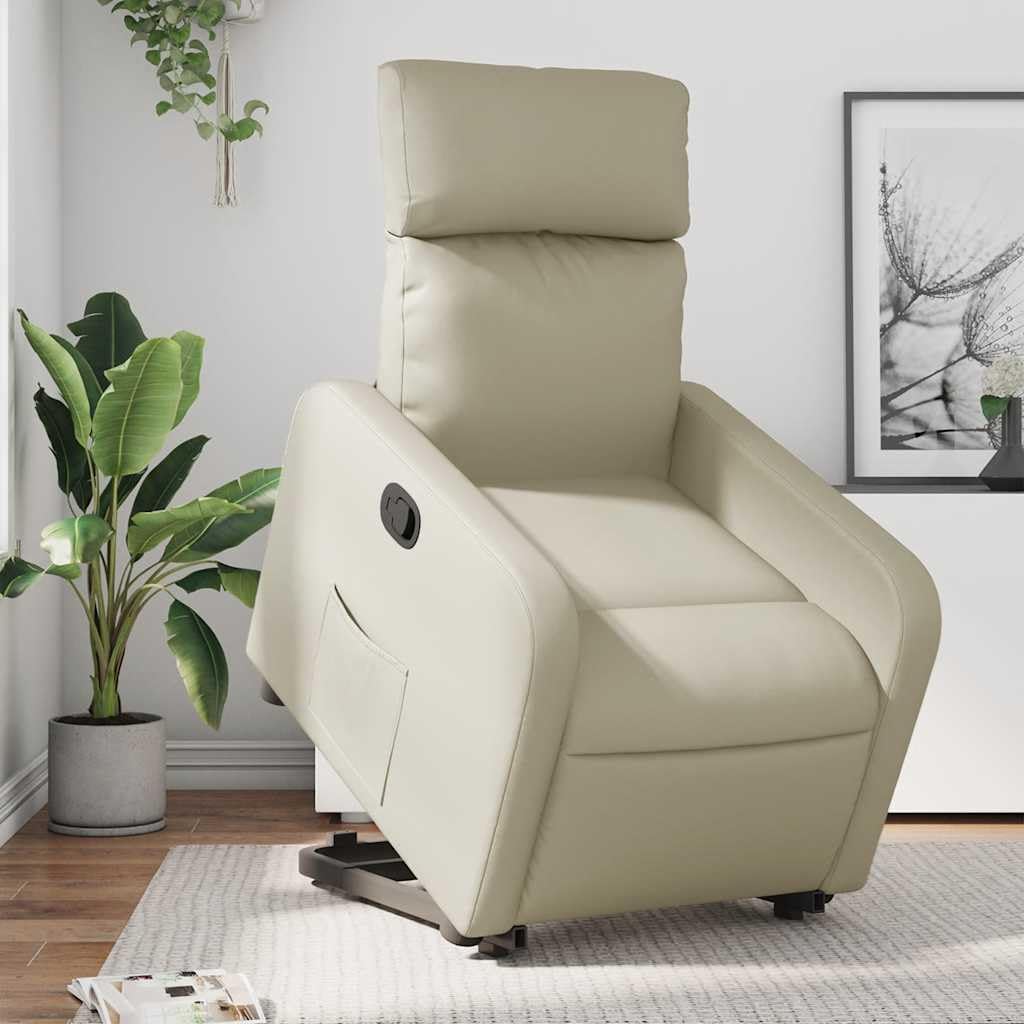 Fotel relaksacyjny z elektrycznym wspomaganiem wstawania, ze sztucznej skóry, kremowy, regulowany, z tapicerką, podłokietnikami i oparciem, ergonomiczny, do salonu, czytania, relaksu i