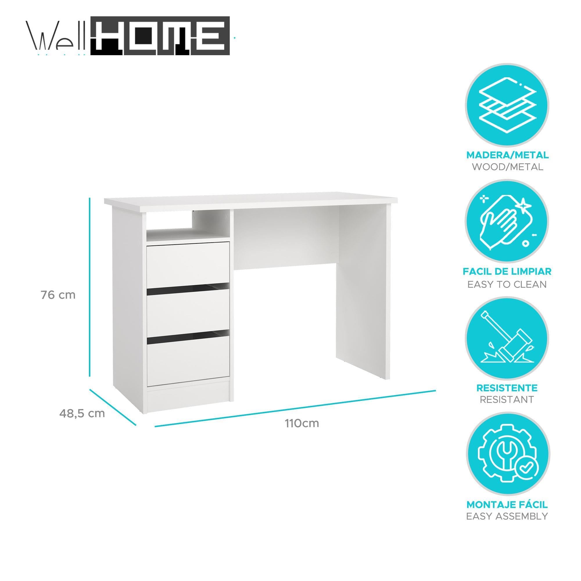 Mesa Escritorio para Ordenador Júcar White con 3 Cajones,Color Blanco, 110 x 49 x 76 cm