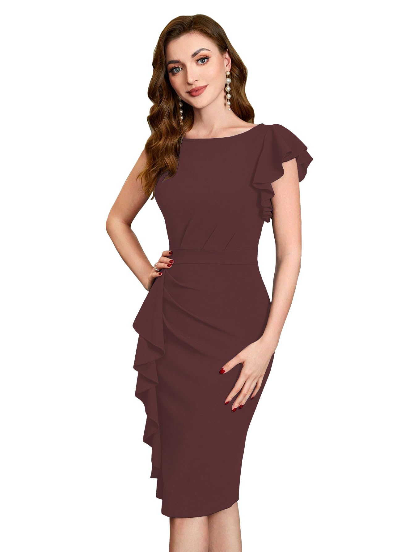 Shasmi Girl's & Women's Asymmetrical Sleeve Ruffle Trim Cocktail Party Fitted One Piece Knee Length Midi Dress For Women Stylish Dresses (Midi 169 Brown-S)