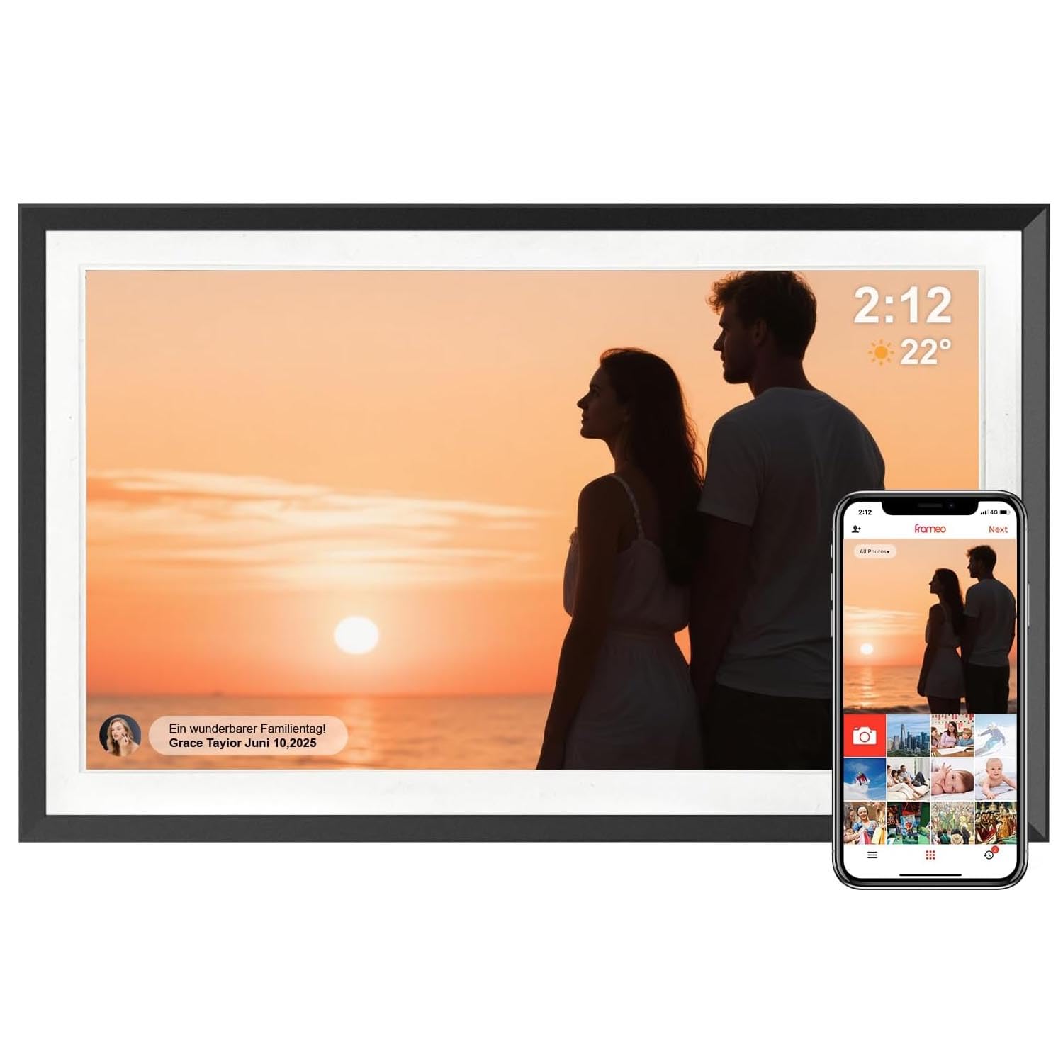Frameo Digitaler Bilderrahmen 15,6 Zoll Groß.32GB Speicher Elektronischer Bilderrahmen WLAN mit 1920x1080 IPS Hochauflösung Touchscreen.Autorotation.Foto- und Videofreigabe über die Frameo App