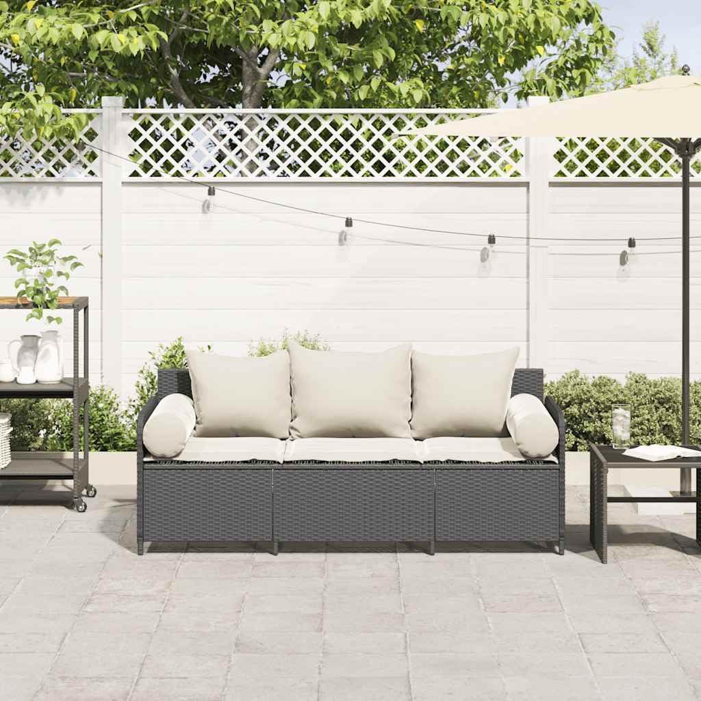 Divano da Giardino a 3 Posti con Cuscini Nero in Polyrattan,Divano da Giardino da Esterno,Divani da Giardino,Arredamento da Giardino-4104172