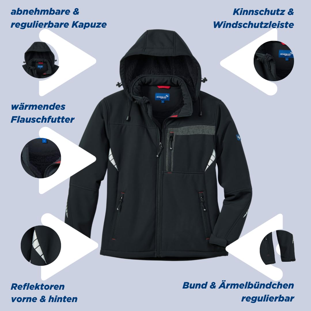 Scheibler Arbeitsjacke Herren Winter, Softshell-Jacke gefüttert und winddicht, wasserabweisende Outdoor-Softshelljacken für Herren, Arbeitskleidung Herren mit abnehmbarer Kapuze
