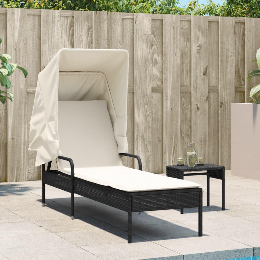 Sonnenliege mit Dach und Tisch Schwarz Poly Rattan Verstellbar Gartenliege Klappbar für Terrasse Balkon Pool Outdoor Camping Relaxliege mit Auflage