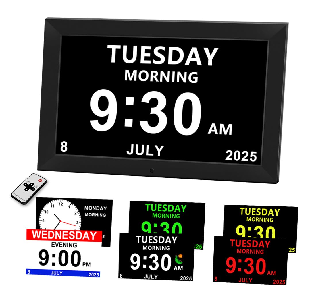 MYFMLI Digital Alarm Clock for Seniors - No-Abbreviation Date HD Display Auto Dimming Photo FrameWhite Noise DST Adjustment, for Elders(10inch Black)