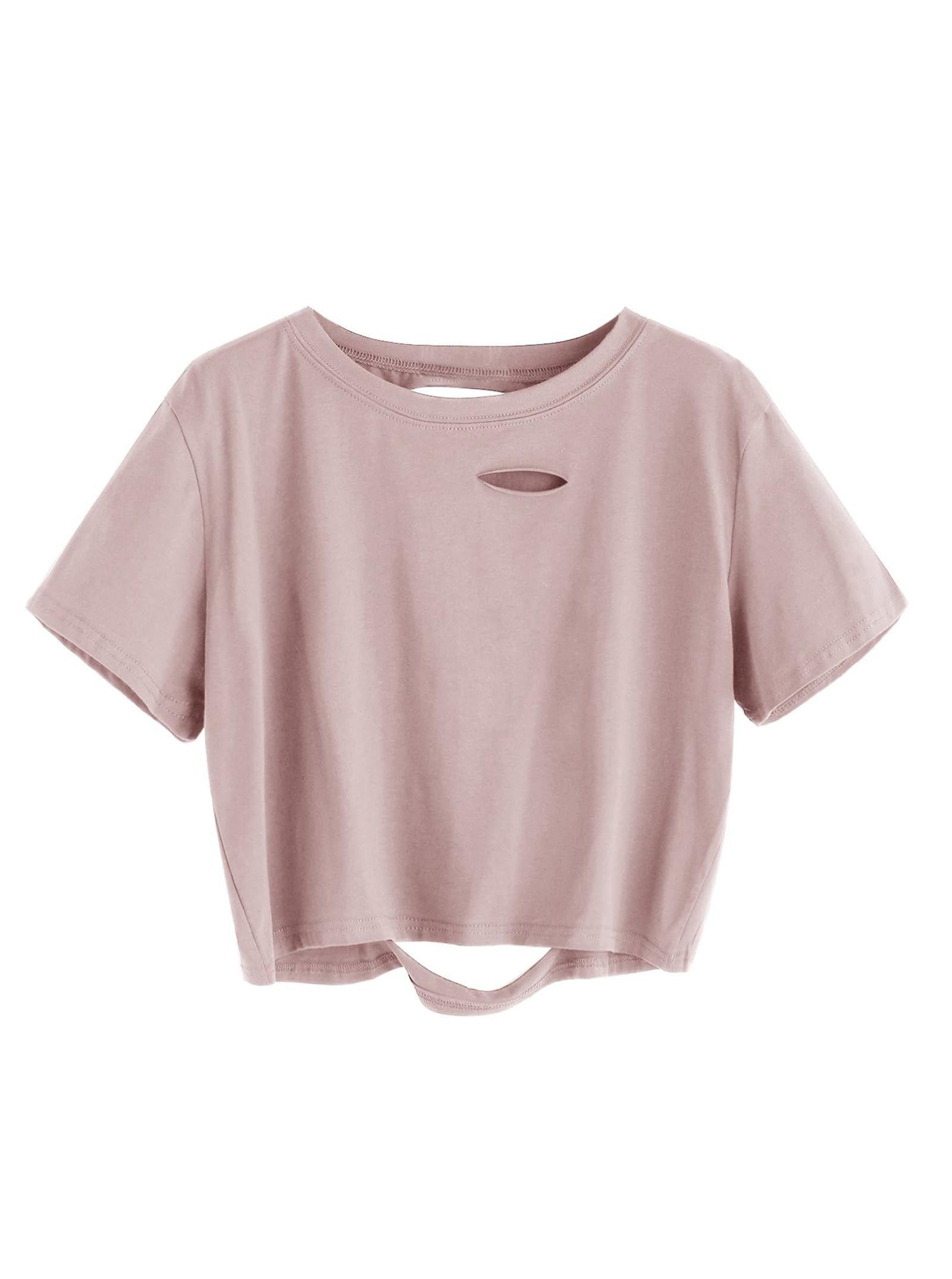 Remidoo Women's Summer Casual Distressed Short Sleeve Crop Top Solid Basic Crewneck T Shirt Pink Large