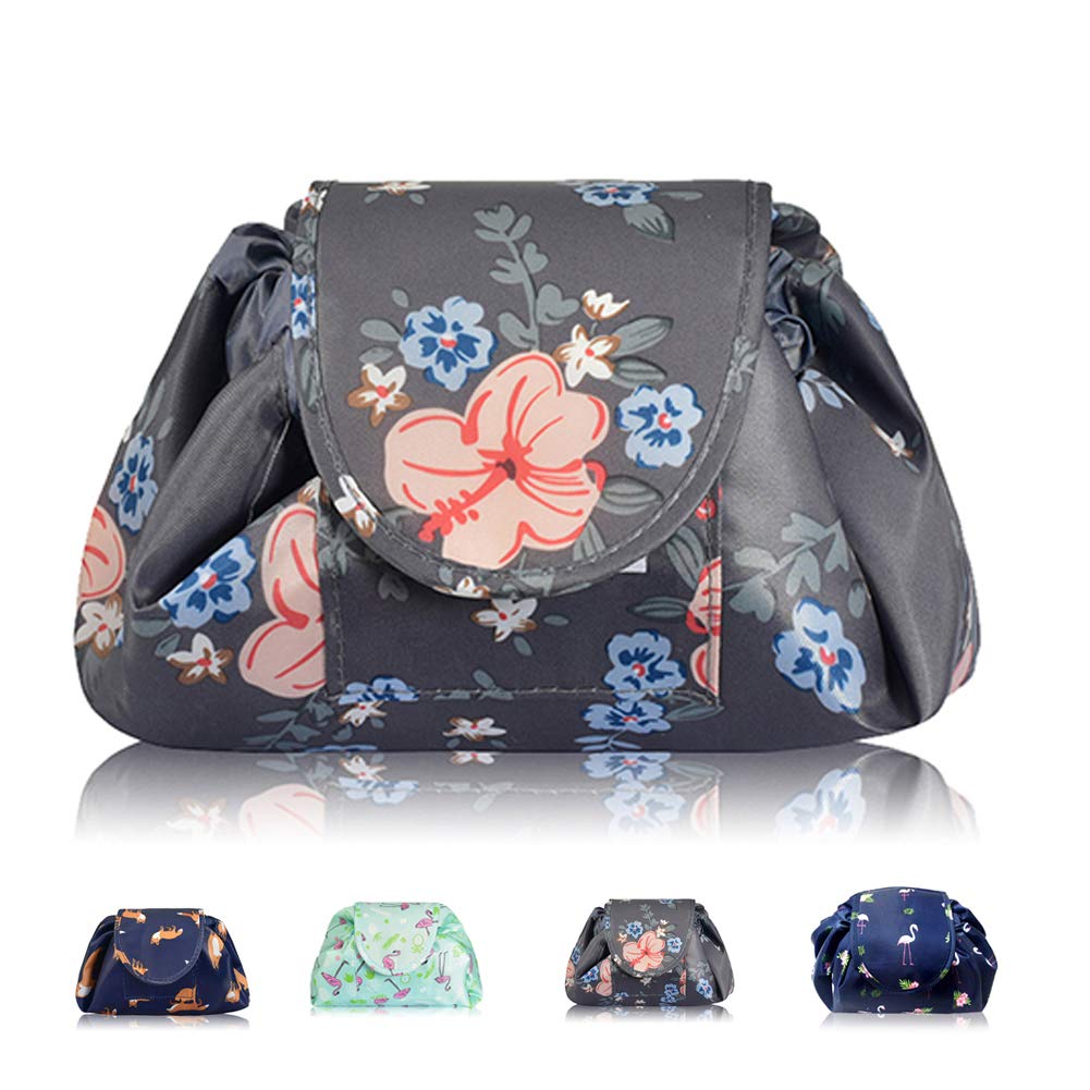 Lazy Drawstring Makeup Bags, Large Capacity Waterproof Travel Portable Cosmetic Bag Pouch Makeup Pouch Storage Organiser for Women Girl (Dark Blue Flamingo) — view 8