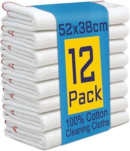 Reusable Jumbo Cleaning Cloths, Dish Cloths for Washing Up 12 Pack, Kitchen Cleaning Cloth, Tea Towels for Kitchen, Extra Large Dish Cloths for Washing Up, Highly Absorbent White (52X38Cm)