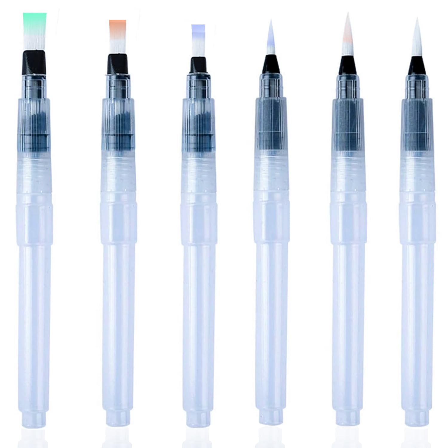 6 Refillable Watercolour Brushes, with Reservoir, Brush Pens, Water Pen, Water Brushes with Fine, Medium, and Large Tips for Watercolor Painting, Sketching Smudging