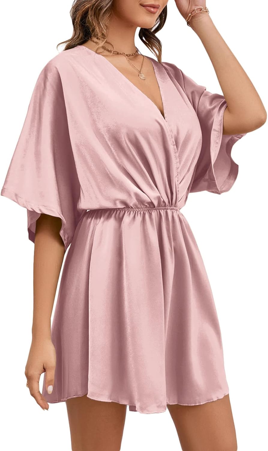 LYANER Women's Satin V Neck Twist Ruffle Flowy Swing Short Sleeve Elegant Mini Dress - Image 3