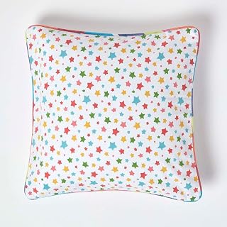 HOMESCAPES - 100% Cotton - Stars - Cushion Cover - 45 x 45 cm Square - 18 x 18 Inches - Multi Colour Orange Red Blue Yellow - 100% Cotton Sofa Pillow Cushion Cover - Washable