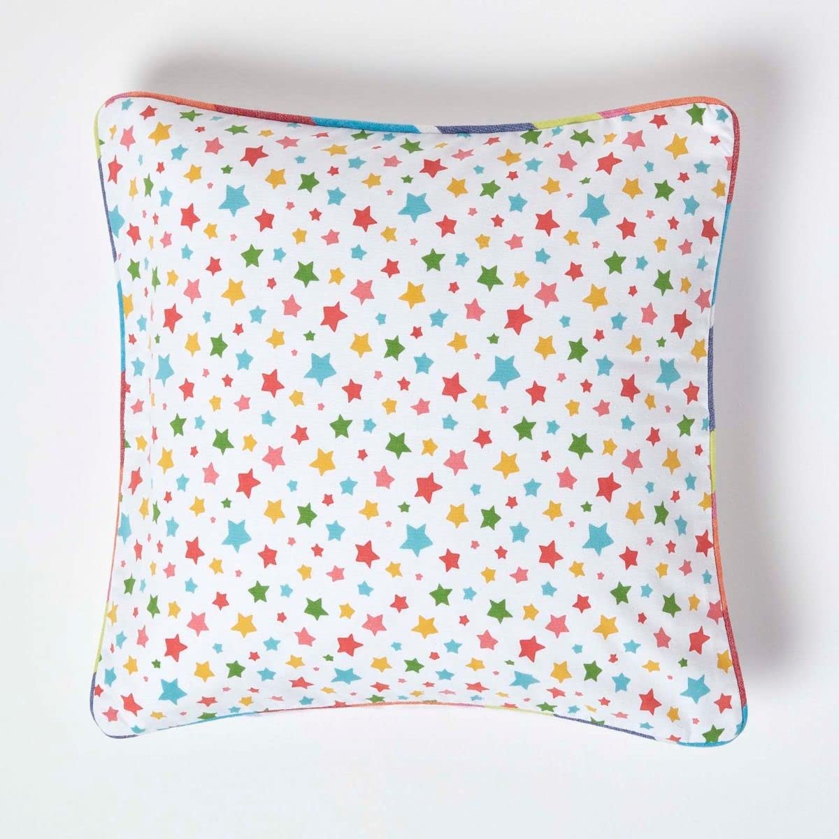 HOMESCAPES - 100% Cotton - Stars - Cushion Cover - 45 x 45 cm Square - 18 x 18 Inches - Multi Colour Orange Red Blue Yellow - 100% Cotton Sofa Pillow Cushion Cover - Washable