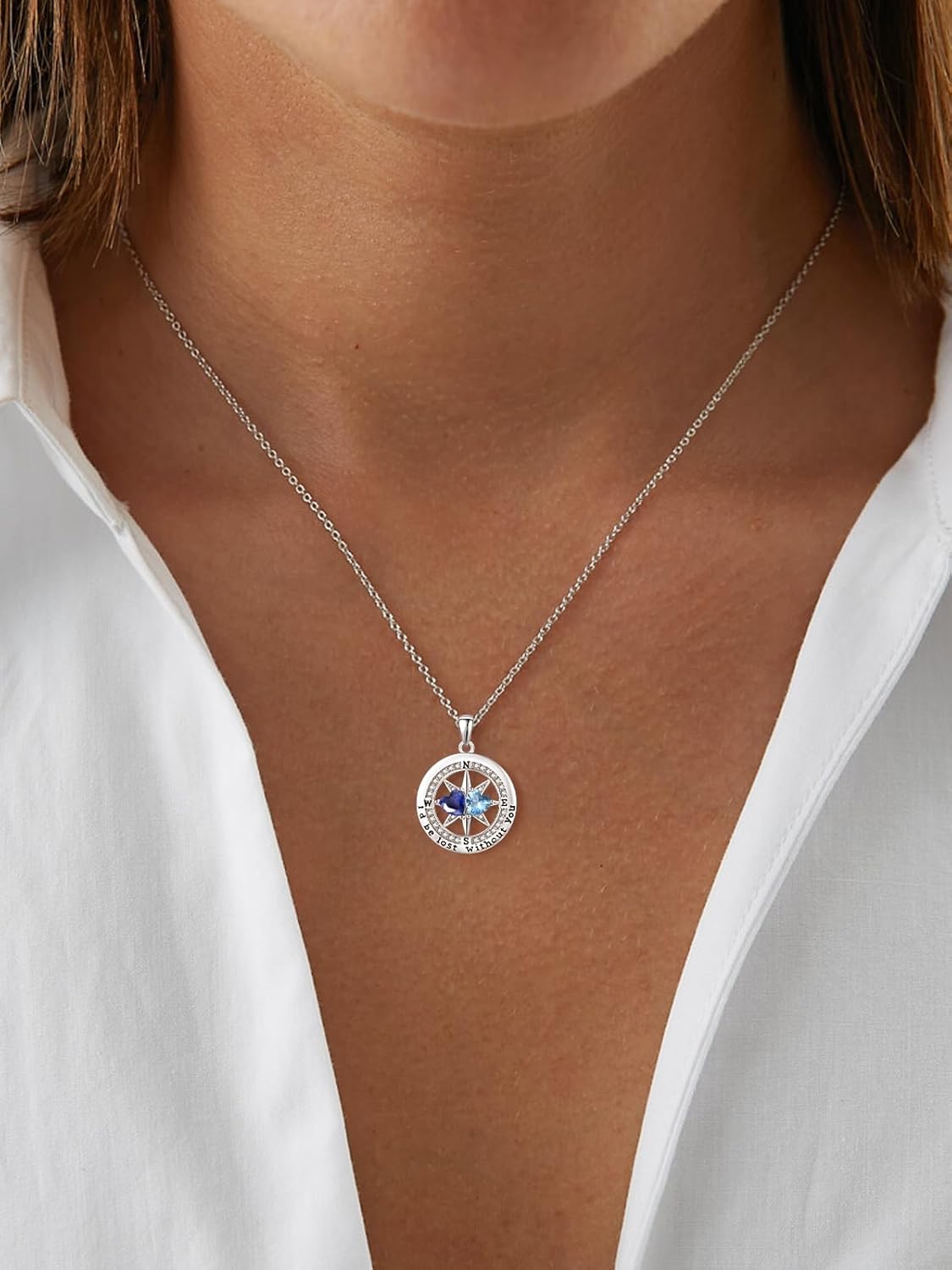 Compass Birthstones Necklace for Women, Exquisite S925 Necklace Anniversary Birthday Gifts for Wife Her Double Birthstone Pendant jewelry ‘I'd be Lost Without You’