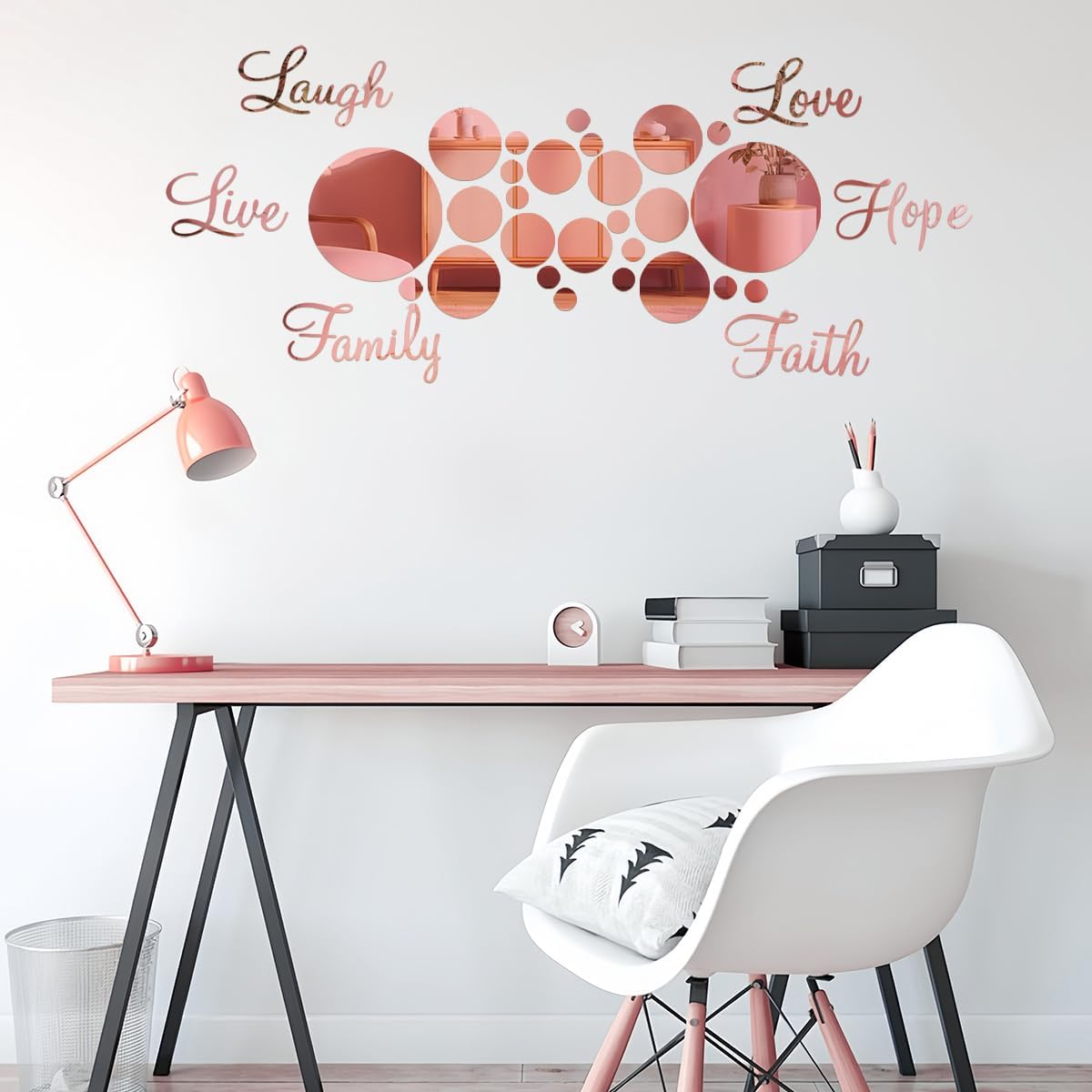 Acrylic Mirror DIY Wall Stickers for Living Room, 6 Word Faith Live Laugh Hope Love Family Mirrors and 26Pcs Round Miiror for Home Bedroom Office, Circle Mirror Tiles Wall Decor (Rose Gold) image 3