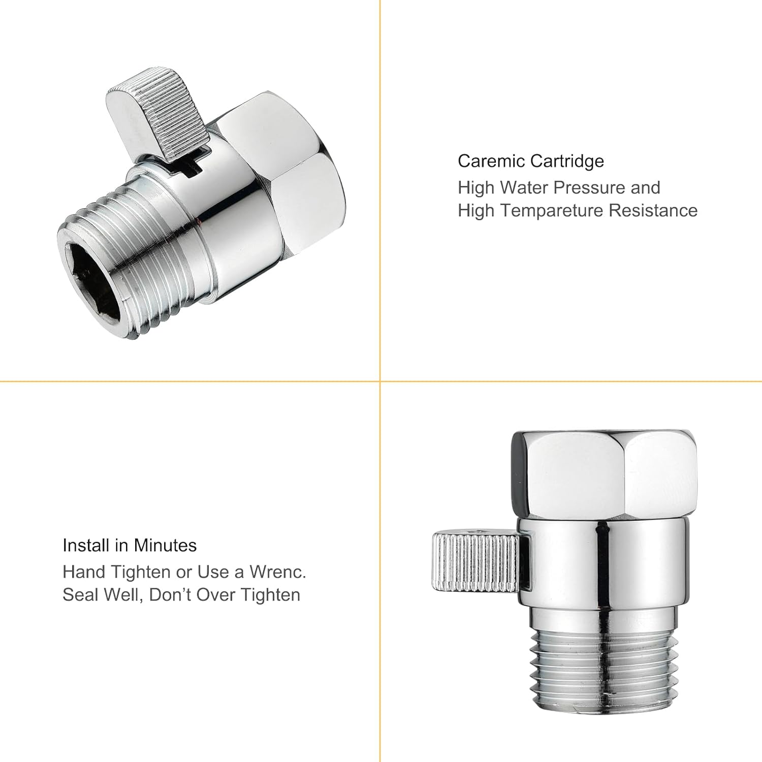 Chrome Water Flow Control Valve, G1/2" Shower Head Flow Control Valve, Brass Shut Off Valve for Handheld Shower, Water Pressure Regulator Replacement for Shower System