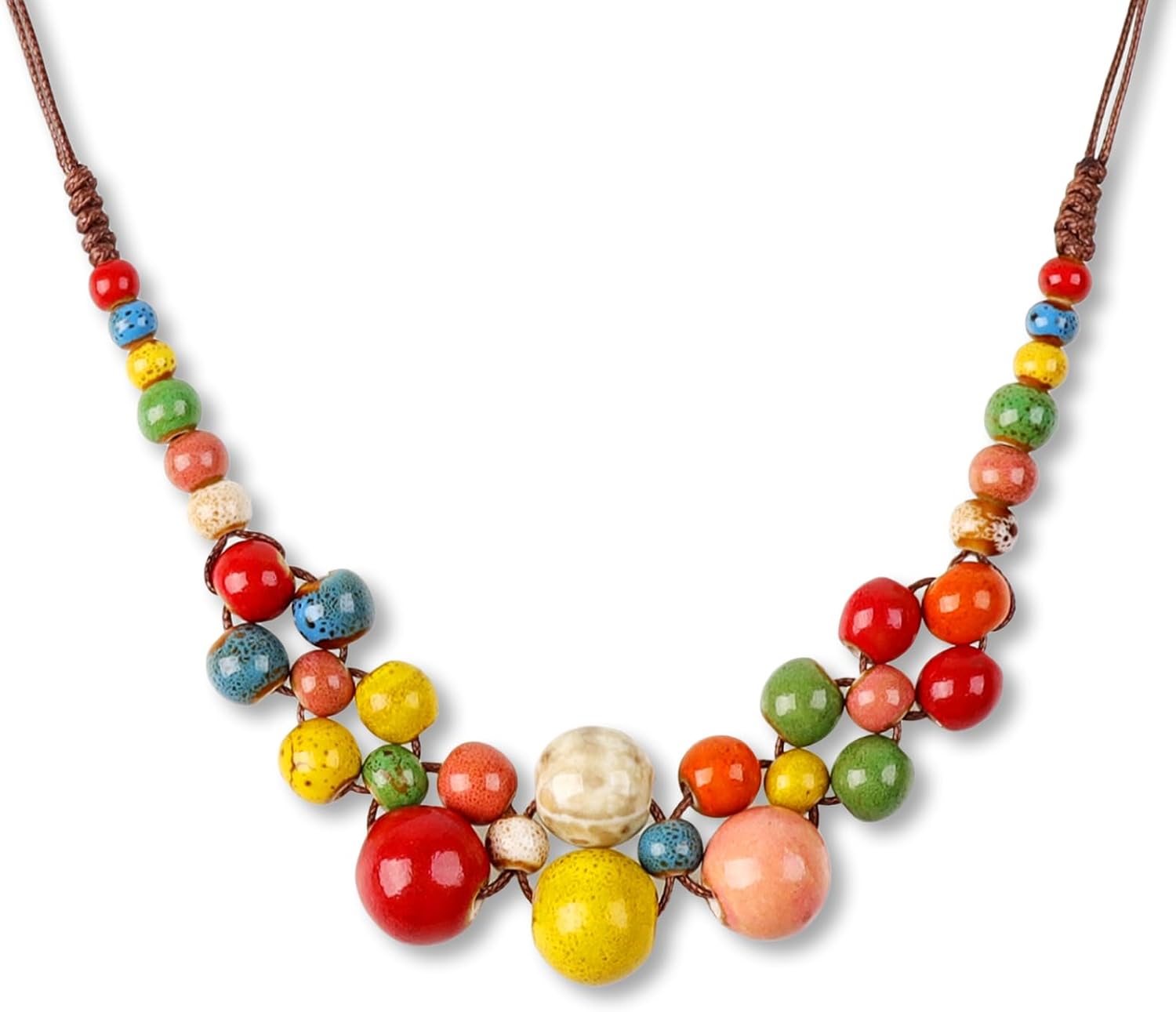 Boho Hippie Colorful Ceramic Beads Strand Necklace for Women Chunky Bohemian Fashion Statement Beaded Necklace Beachy Party Thanksgiving Autumn Accessories Gift for Women