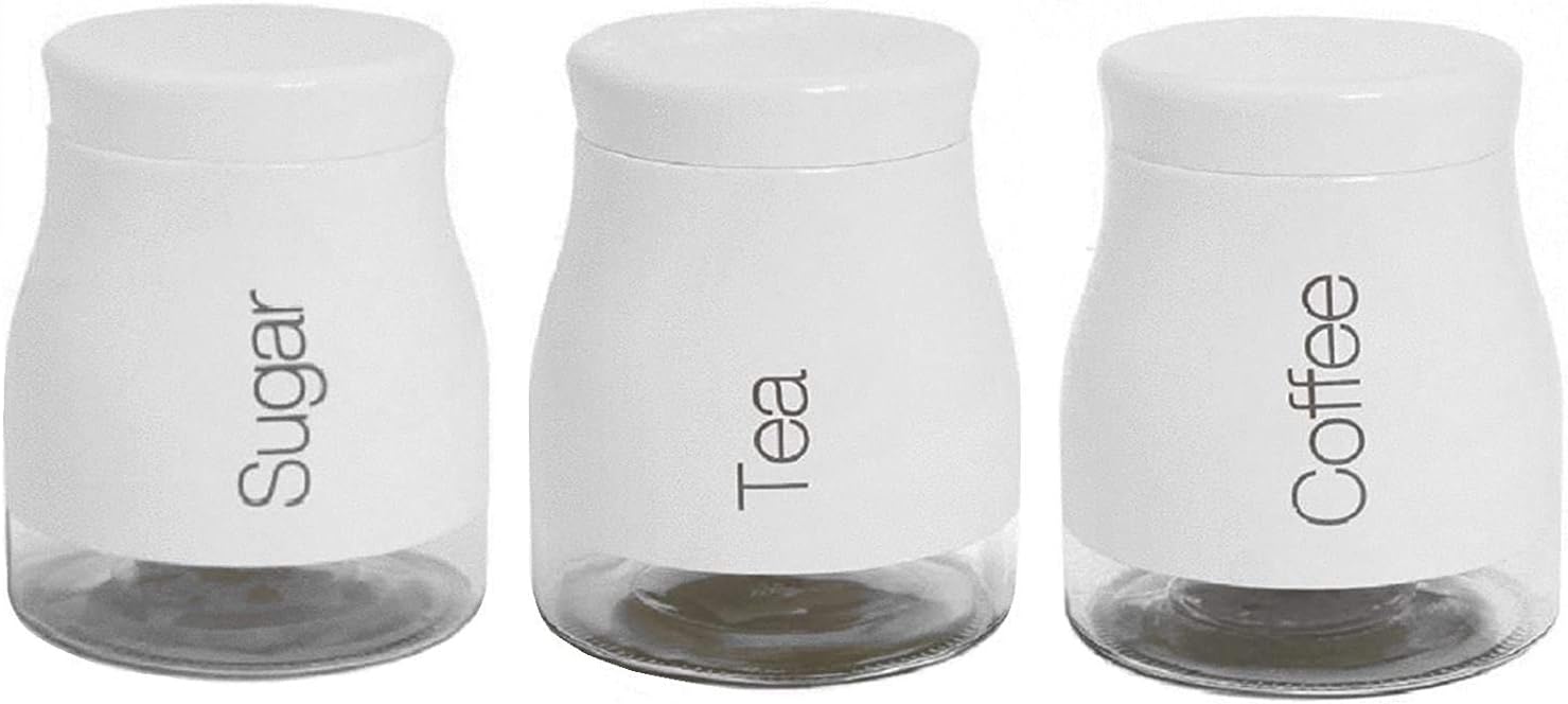 SET OF 3 KITCHEN STORAGE CANISTERS TEA COFFEE SUGAR JARS POTS CONTAINERS CADDY SET (WHITE)