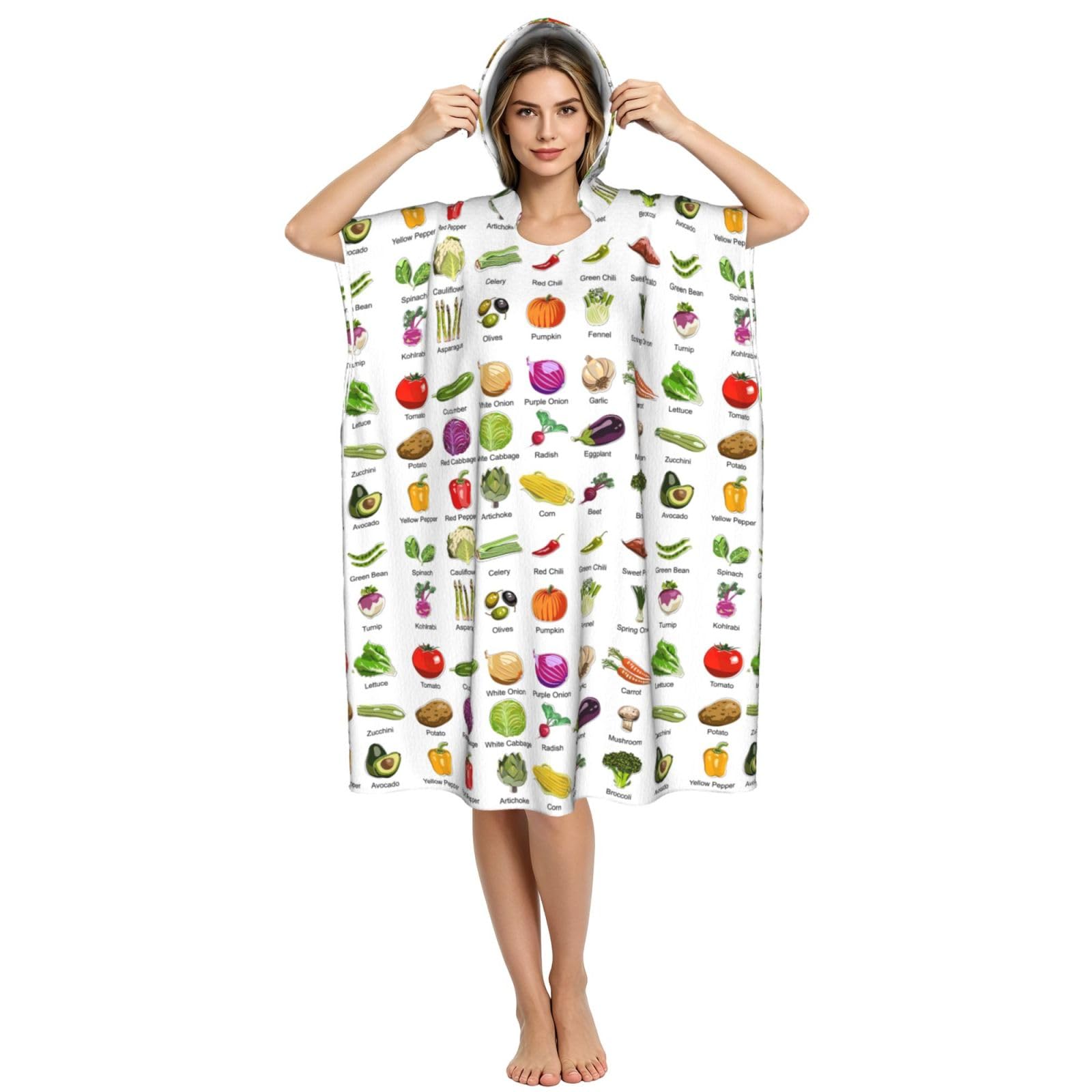 Yyoretp Introduction of various vegetables Print Surf Poncho Changing Towel Swim Robe Hoodie Quick Dry Terry Cloth Swimming Cover Up