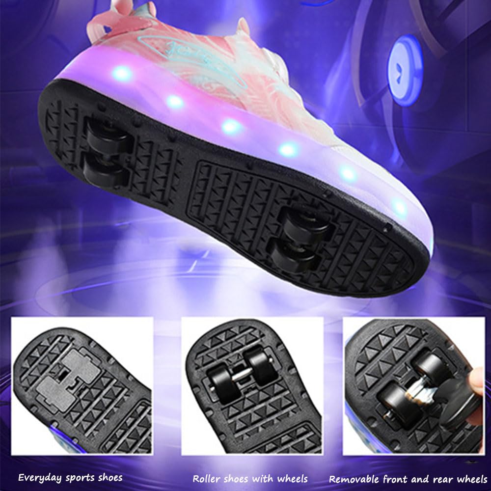 Fansu Zapatillas con Ruedas Niño Niña Tamaño 30-40, Zapatos con 4 Ruedas Luces LED Coloridos Parpadeante 2 en 1, Zapatillas Patines Niño Carga con USB Calzado de Skateboarding,Estilo 886