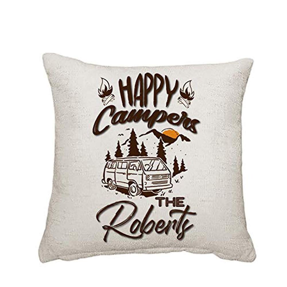 Getagift Linen Cover Personalised Happy Campers Themed Funny Cushion Cover, Throw Pillow Cover. (Linen Cover)
