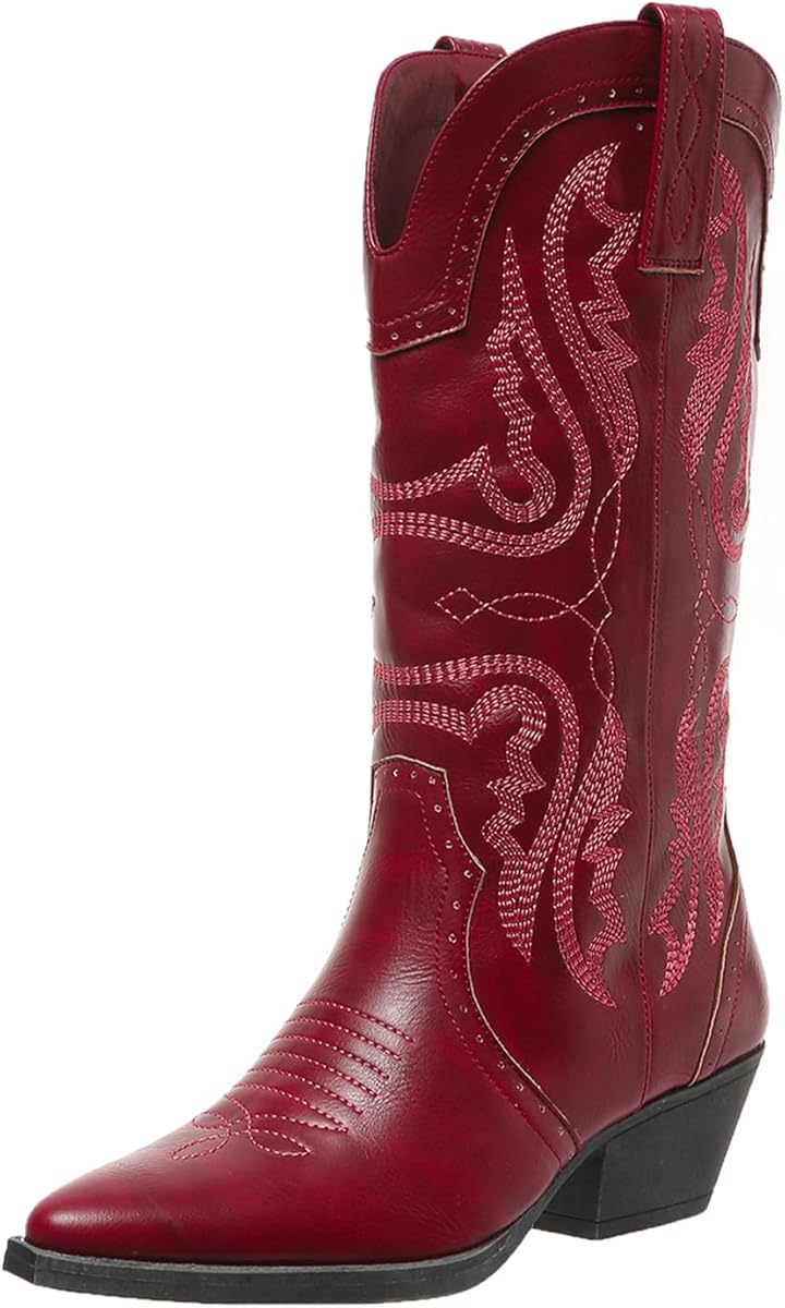 Amazon.com | Cowboy Boots for Women Cowgirl Mid Calf Western Boots Embroidered Stitched Pointed Toe Chunky Block Heel Brown Red Black US5-11, red, 9 | Mid-Calf