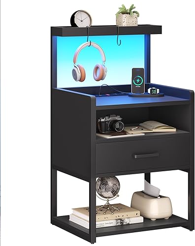Miniatura 9 de VIAGDO Juego de 2 mesitas de noche con estación de carga y luces LED, mesita de noche negra con cajón, mesa auxiliar moderna con estantes de Negro