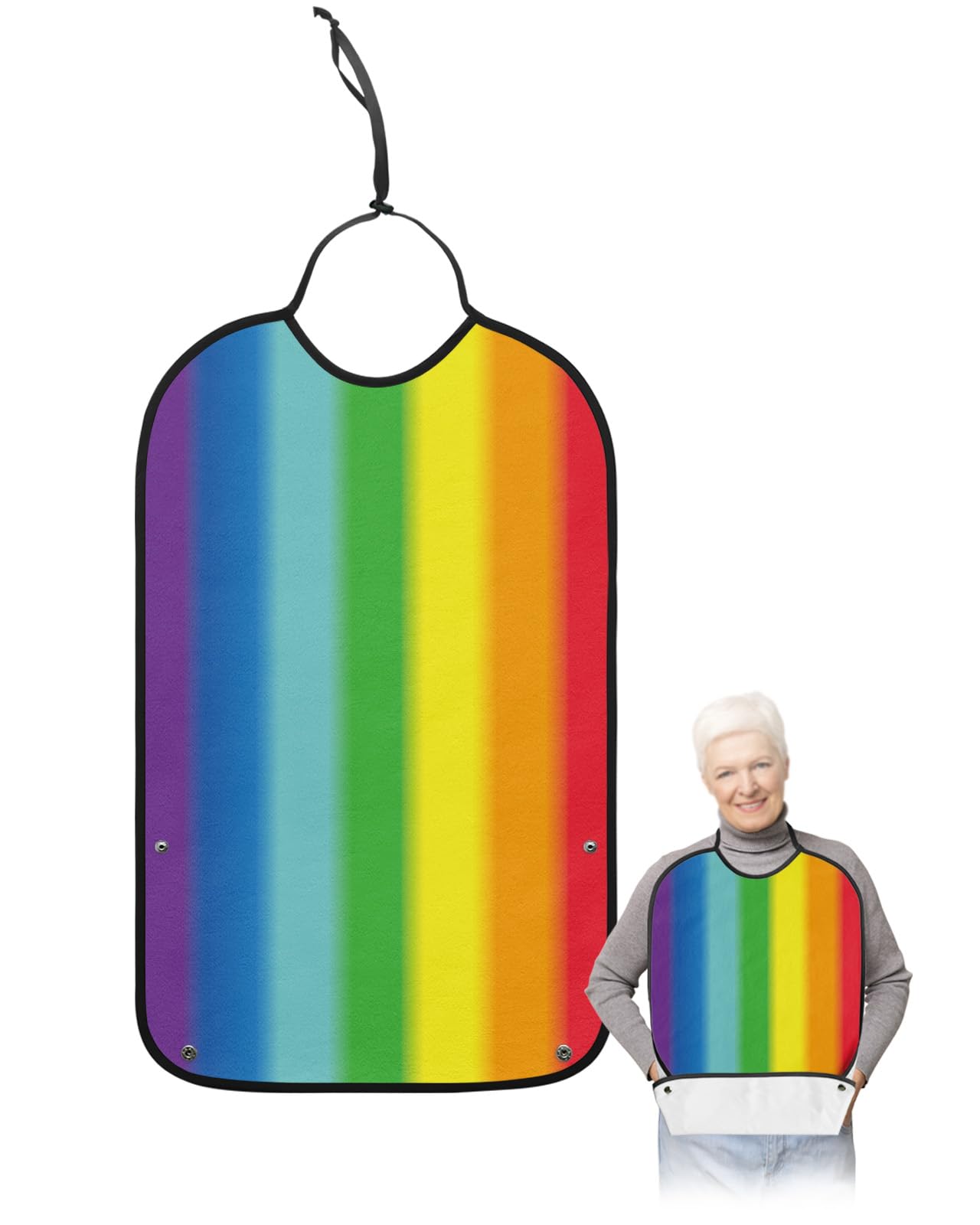 Rainbow Adult Bib for Eating with Crumb Catcher,Washable & Waterproof Terry Cloth Adjustable Elderly Women Men Adult Bibs Funny Apron Clothing Protector Abtract Ombre Colorful Geometric Stripes