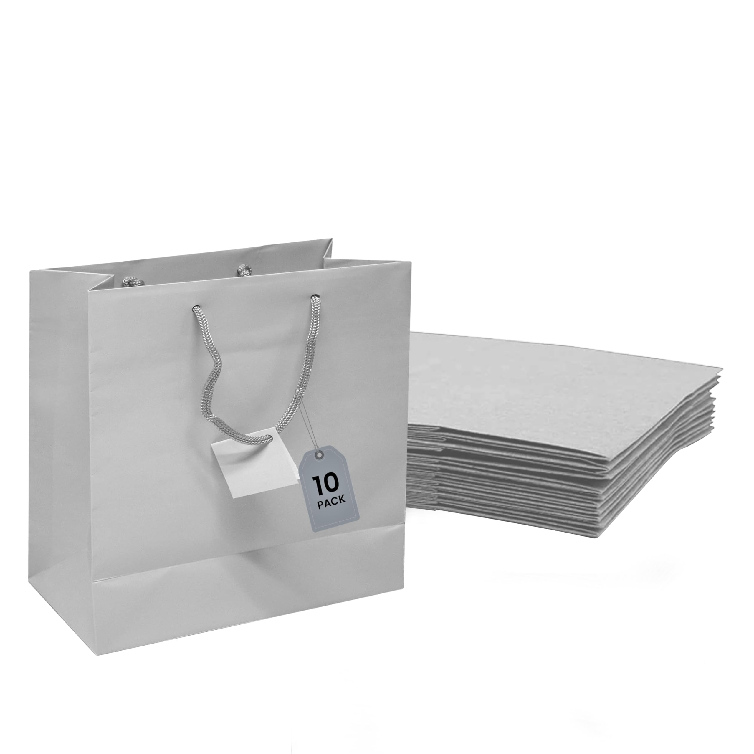 Novel Box Silver Gift Bags with Handles 10 Pack 9.25x3.75x7.25 Inches Wide Paper Bulk Gift Bags for Business, Shopping, Birthday, Party Favor - Euro Tote Paper Bag for Groceries & Personal Use — image 1