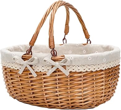 Good GAIN Wicker Picnic Basket w/Fold Handles,Willow Empty Baskets,Cream