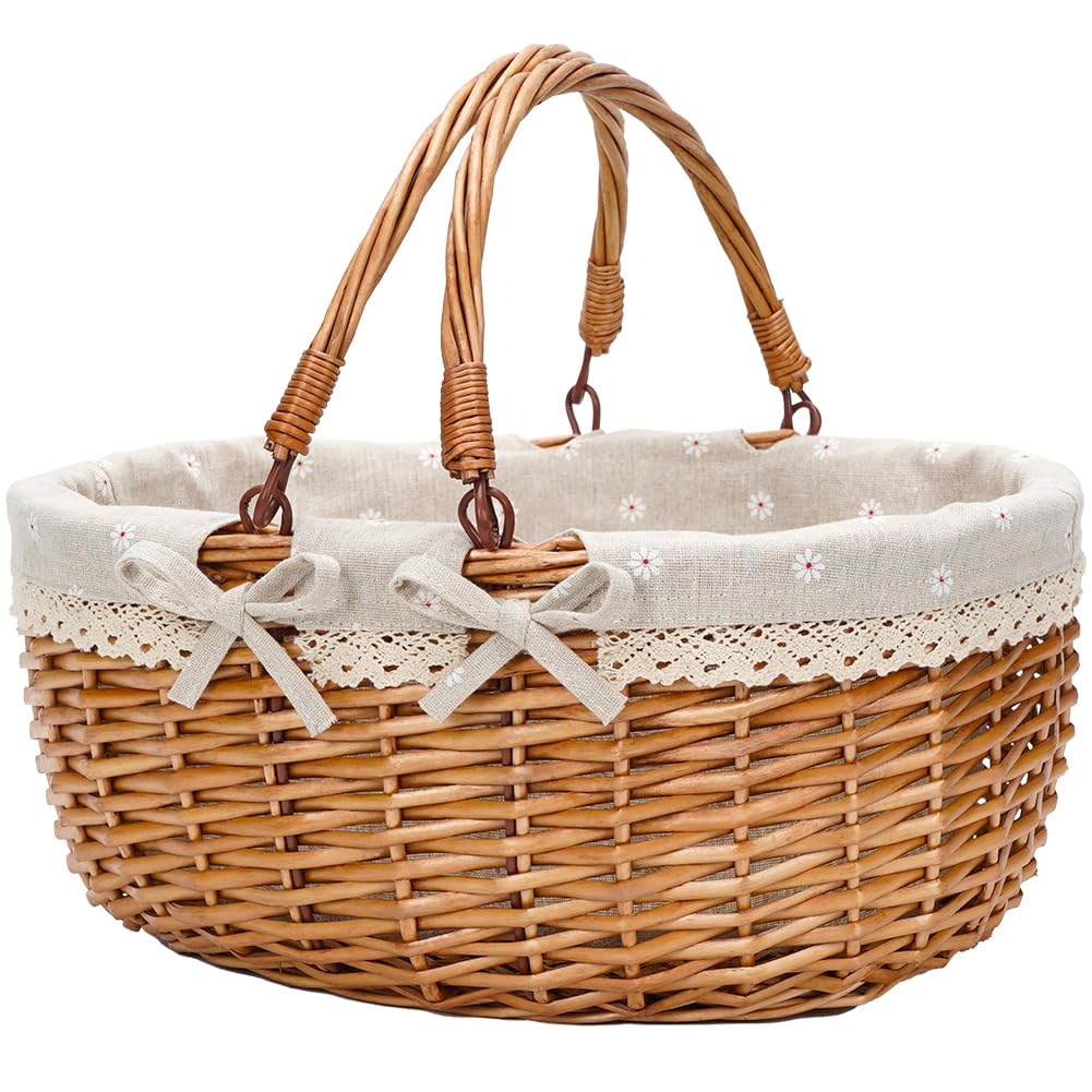 Good GAIN Wicker Picnic Basket w/Fold Handles, Willow Empty Baskets, Cream