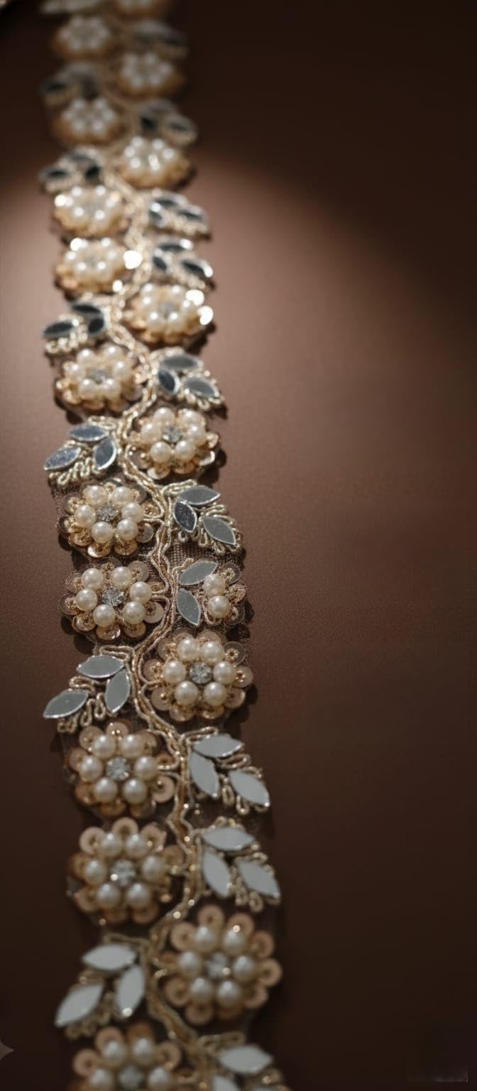Floral Embroidered Decorative Lace Trim with Pearl and Crystal Embellishments, Gold Silver Pearl White, Polyester, 5 cm x 91.44 cm, 4.5 Metre Border LACE, KLURTI LACE,-image-26
