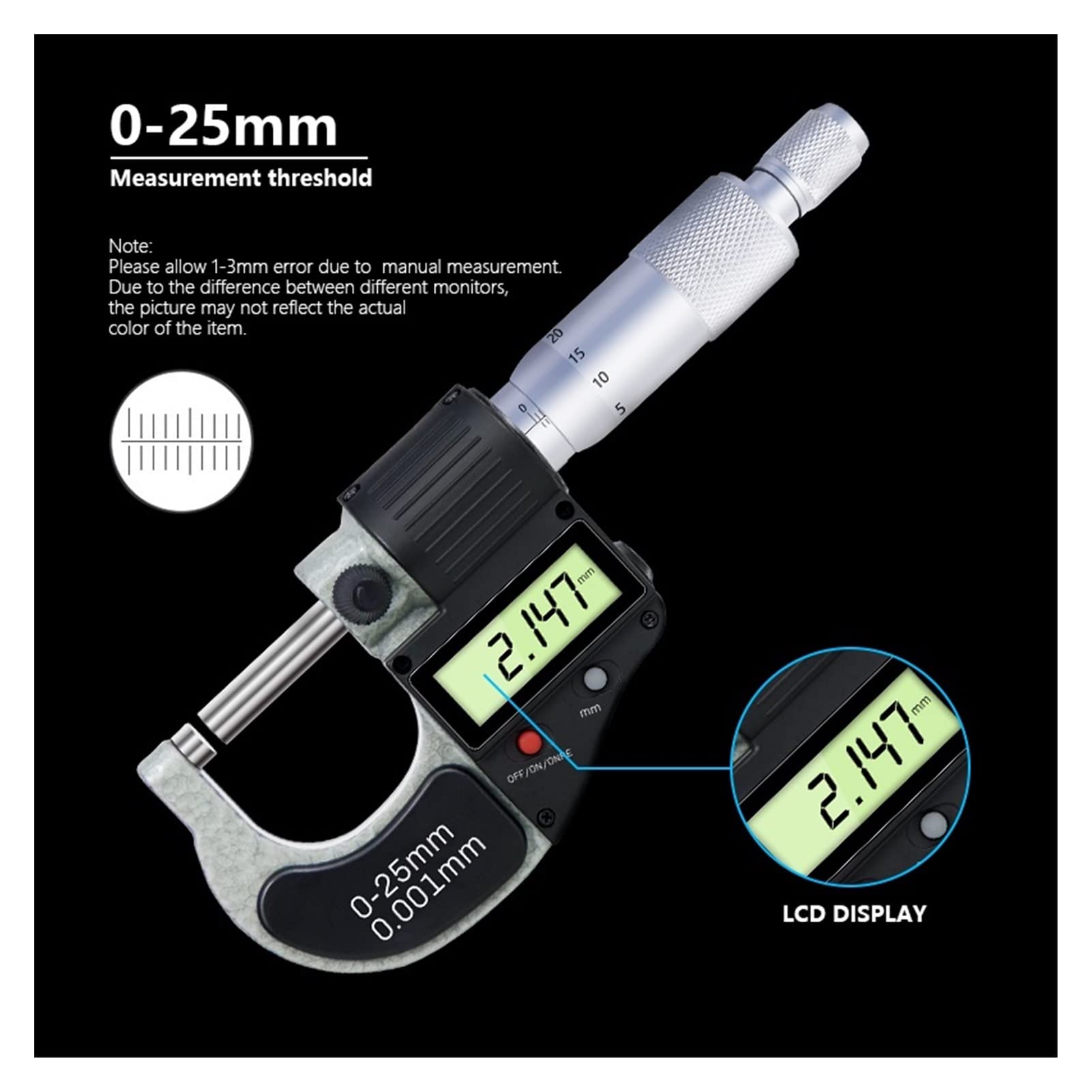 Mikrometr, Mikrometr cyfrowy 0-25 mm 0.001mm Suwmiarka Elektroniczne Mikrometr Outside Chromowane Zaciski Pomiarowe Narzędzia Pomiarowe