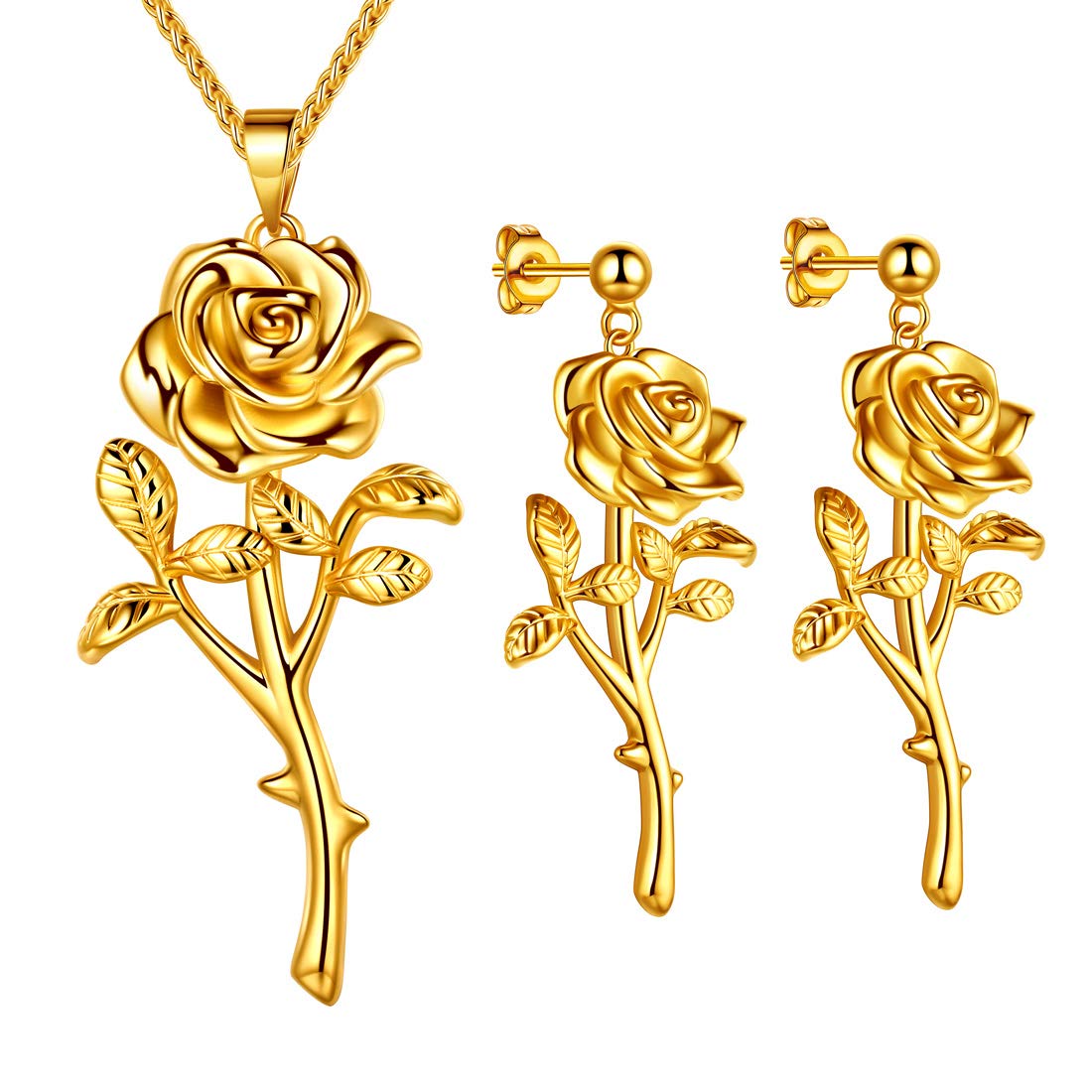 beautlaceRose Necklaces/Adjustable Rings Silver/18K Gold/Black Gun Plated Flower Pendant/Open Ring Elegant Jewelry Gifts for Women