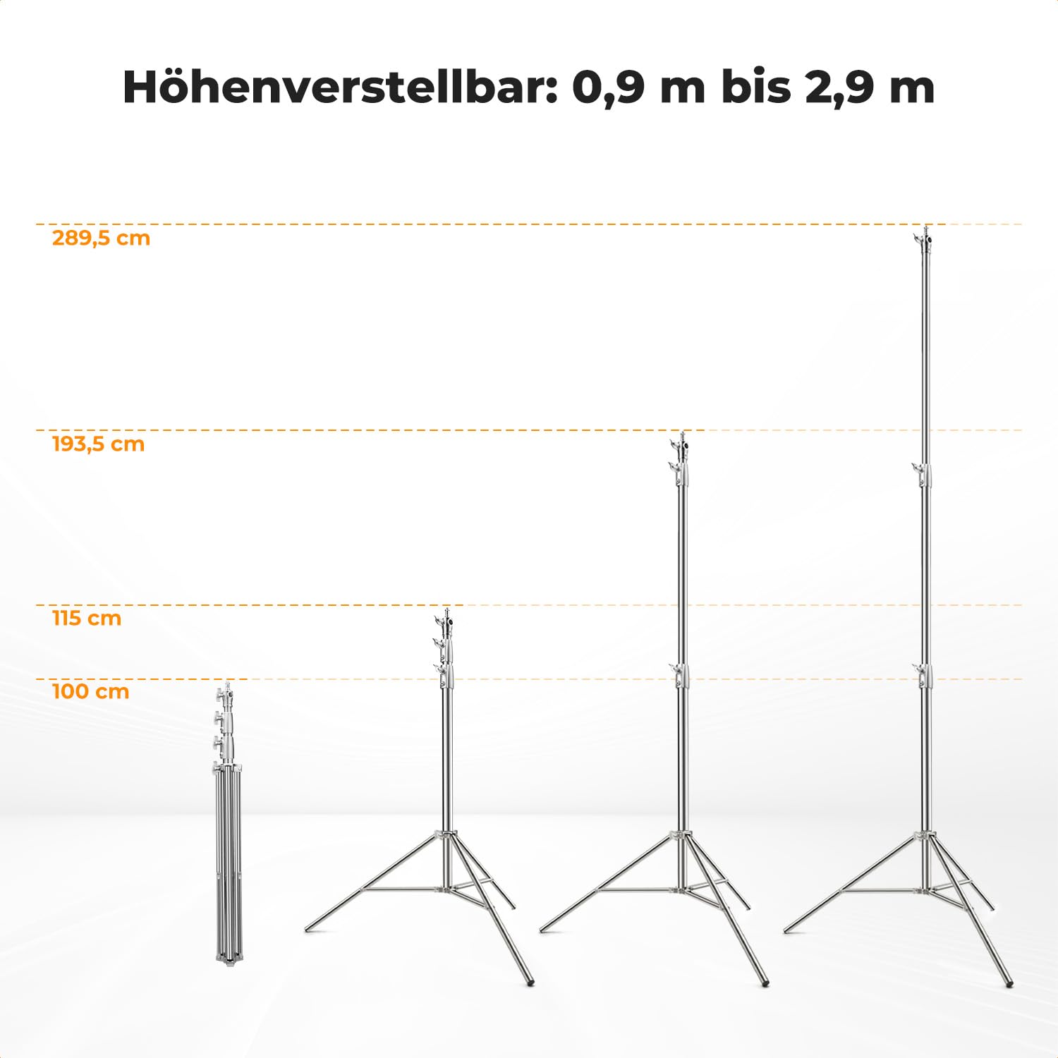K&F CONCEPT 9.2ft/2.8m Lichtständer Licht Stativ Edelstahl federbelastet | max. Last 22lb/10kg Fotostativ mit stärkeren Rohrverbindungen für Strobe Softbox LED Ringlicht