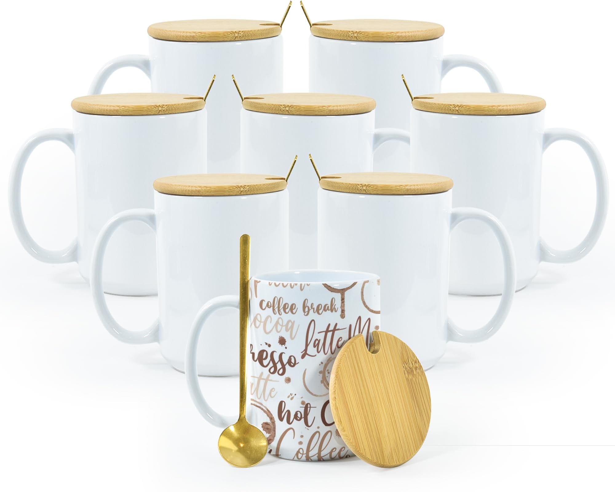 AGH 8pcs Sublimation Mugs 15 oz Blank Bulk, White Ceramic Plain Mugs with Bamboo Lids & Stainless Steel Spoons for Coffee, Soup, Tea, Milk, Latte