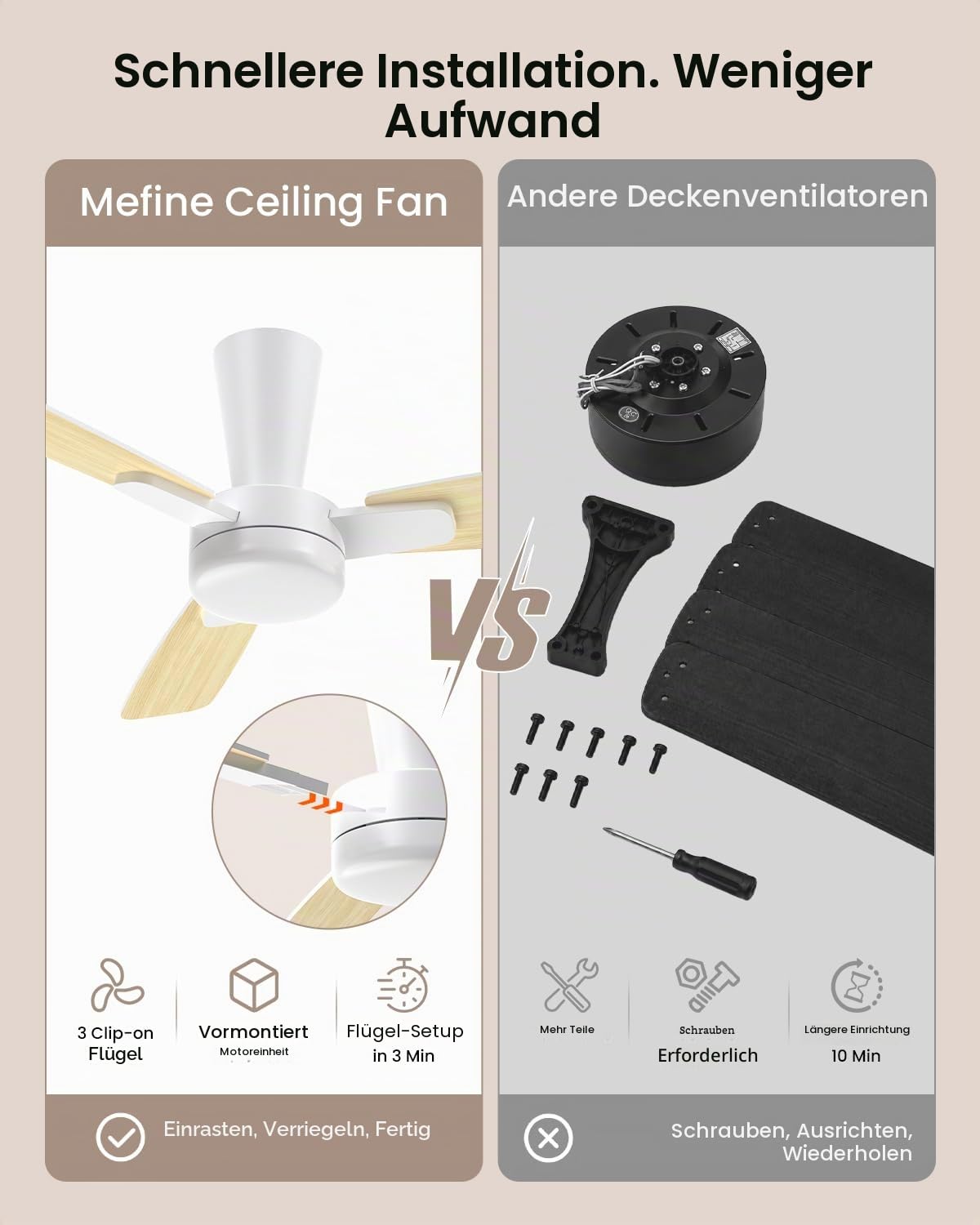 Deckenventilator mit Beleuchtung 106cm, Deckenventilator mit Licht und Fernbedienung, Leise Reversibel DC Motor, LED Dimmbar, 3 Snap-In-Flügel, Schlafzimmer Wohnzimmer, Gelbe Holzmaserung/Weiß
