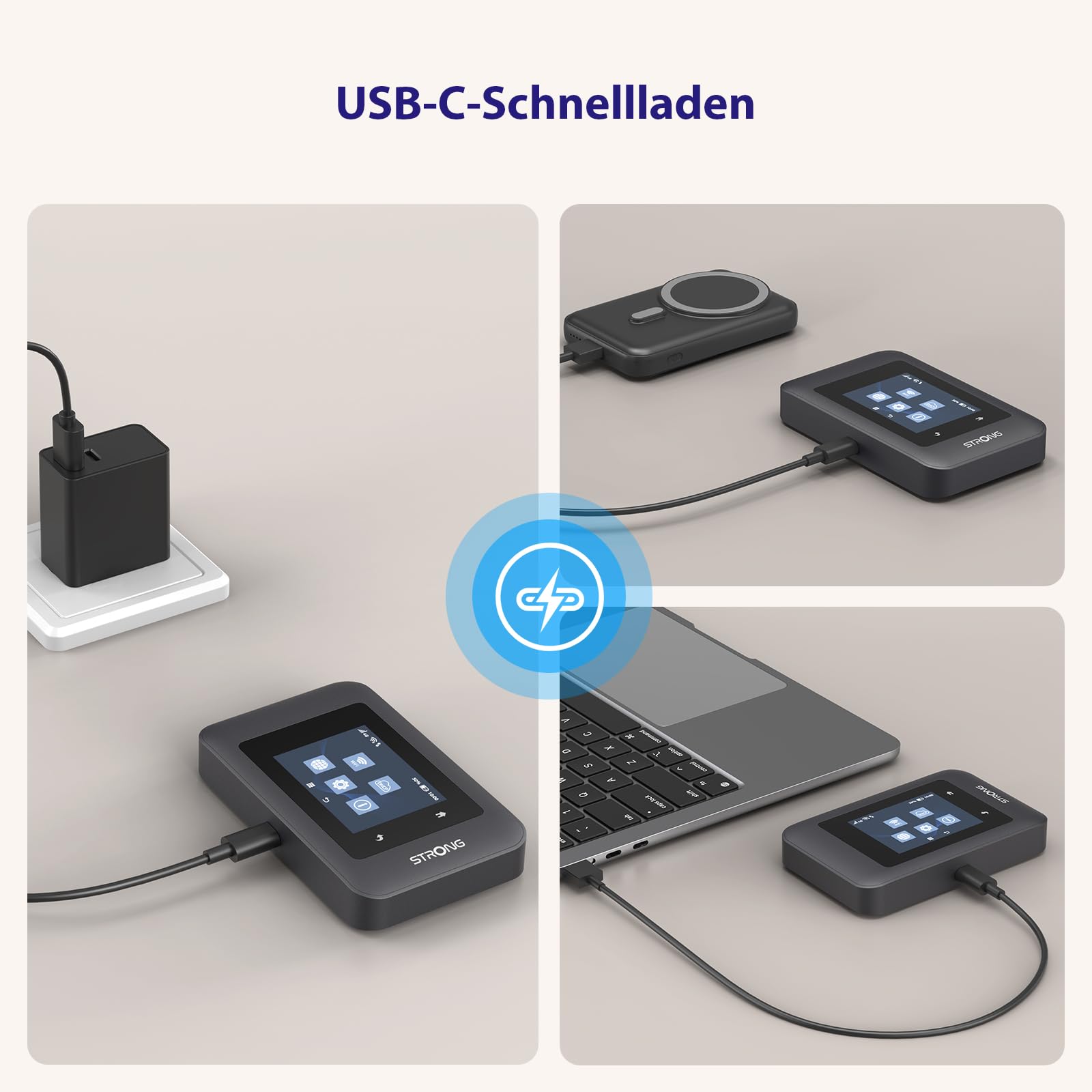 STRONG 4G+ AIRSPOT 520 Mobiler WLAN Router mit SIM Steckplatz, 4G+ LTE CAT6 300 Mbit/s DL, WLAN AC900Mbit/s, Tragbarer WiFi Hotspot, Farbdisplay, für bis 16 Geräte, 2500 mAh Akku, USB-C Anschluss