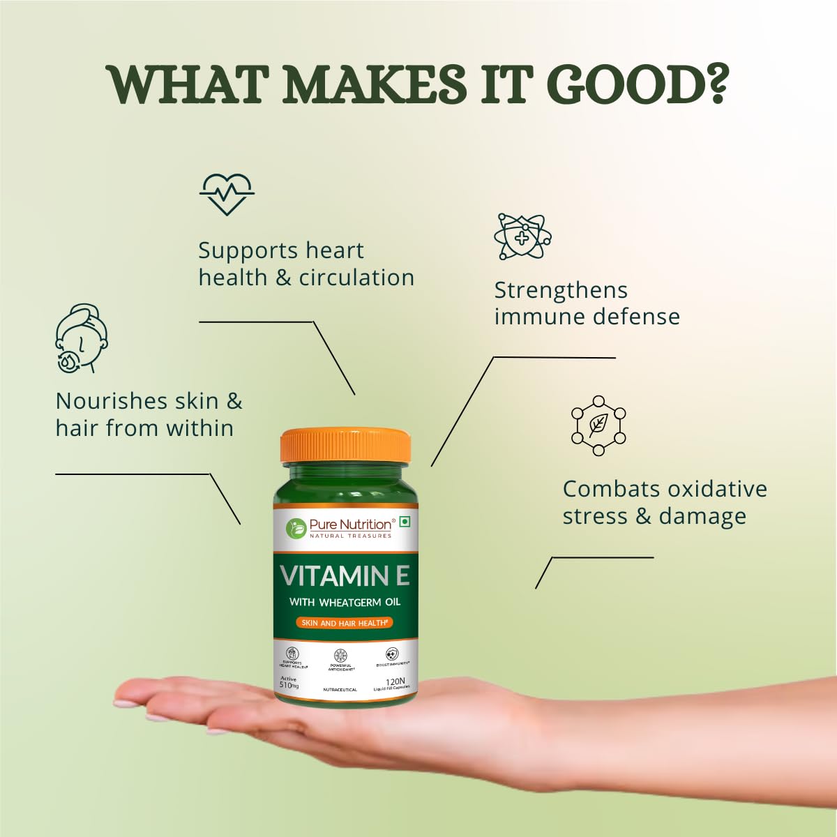 Pure Nutrition Vitamin E Capsule 510mg with Wheatgerm Oil β 120 Liquid Fill Capsules | Vit E Capsule for Face, Immunity & Heart Health | Natural Antioxidant Vitamin E Supplement 1