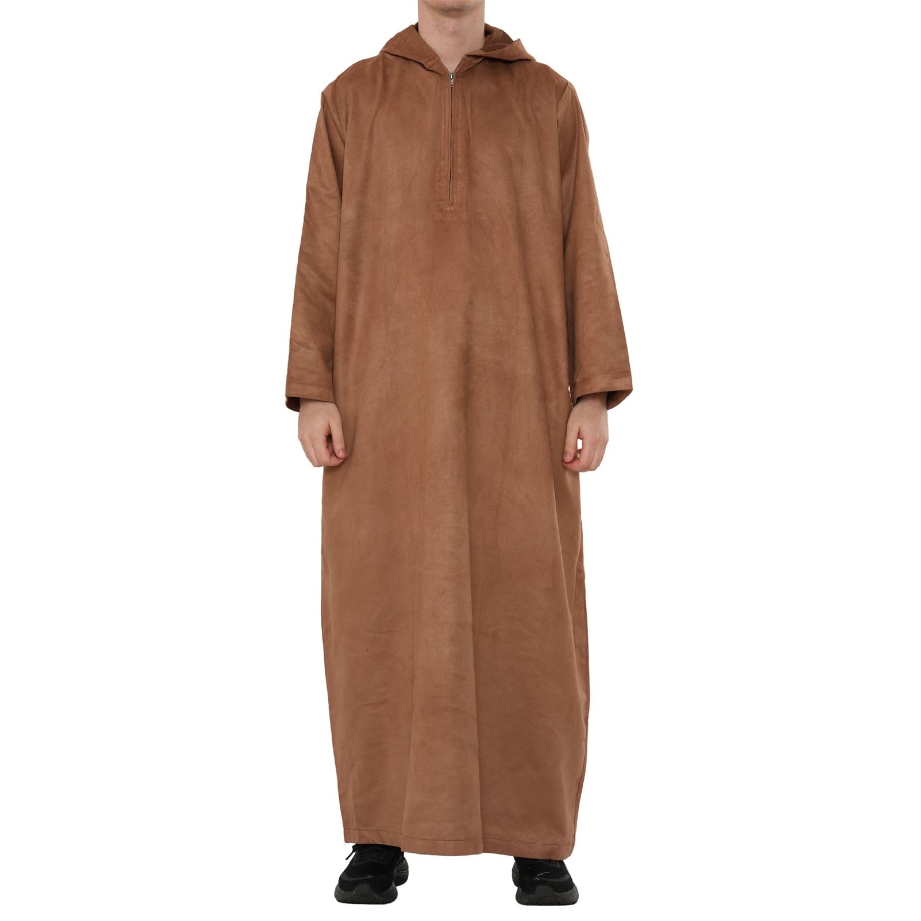 Thobez Men's Camel Hooded Suede Thobe Emirati Omani Zipped Jubba Islamic Clothing Kaftan Eid Robe - 56
