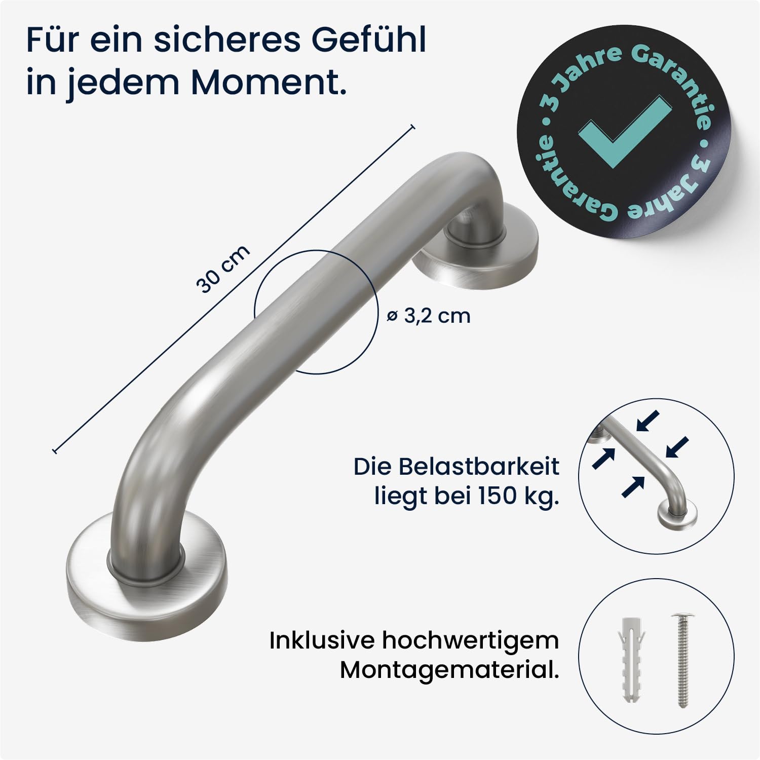 flexilife Wandgriff für Senioren, rutschfest & stabil, Badewannengriff Haltegriff Duschgriff für die Wand-Montage - Griffe für Dusche, Bad oder Badewanne (30 cm - Edelstahl)