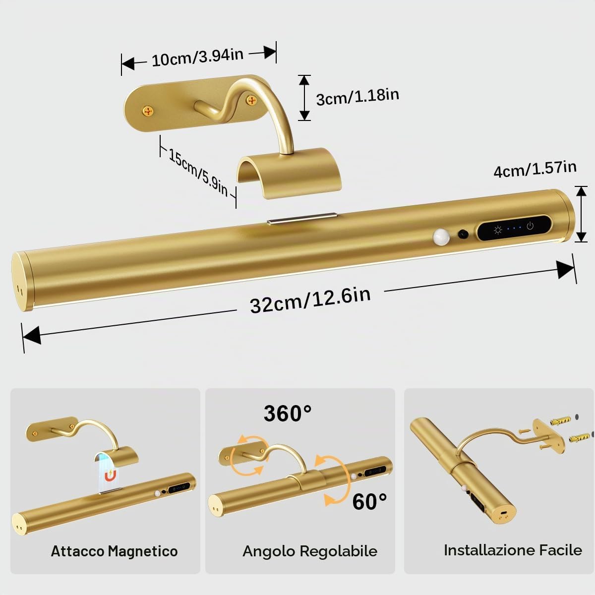 Applique da parete senza fili con Sensore di Movimento, Luce specchio bagno ricaricabile con telecomando e calamita,lampada LED parete per fotografica, muro, interno,wireless wall light