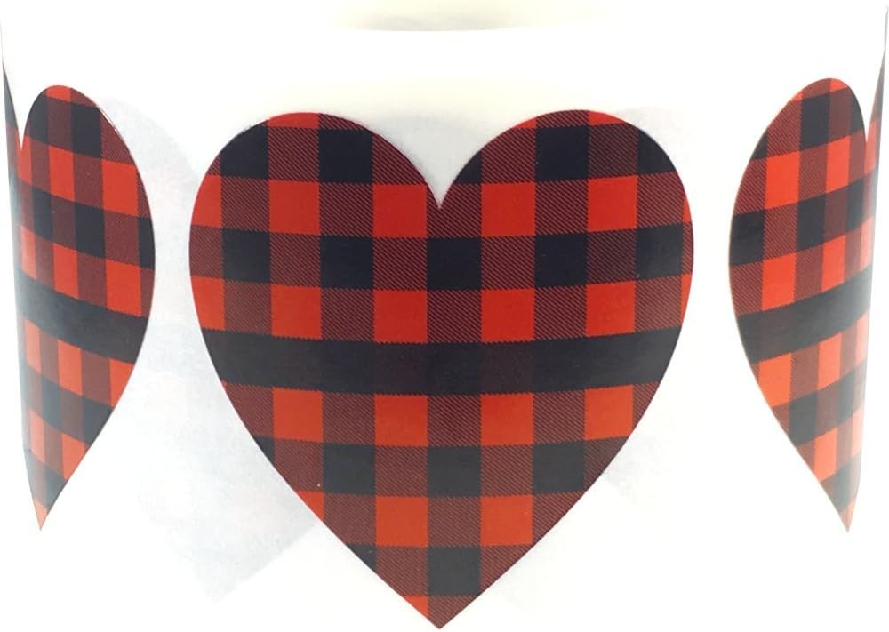 Red Buffalo Plaid Heart Stickers Valentine's Day Crafting Scrapbooking 1.5 Inch 500 Adhesive Stickers