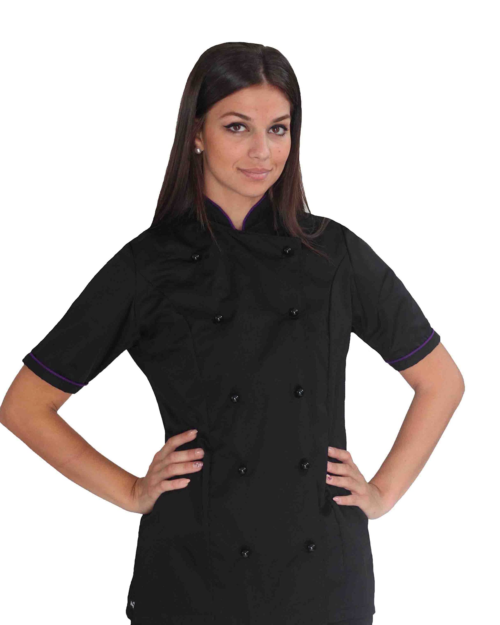 Bordado gratis - Conjunto de cocinero para mujer negro y morado - Uniforme Chef personalizable M/C - Chaqueta, pantalones y delantal - Uniforme para cocina y restaurante - Made in