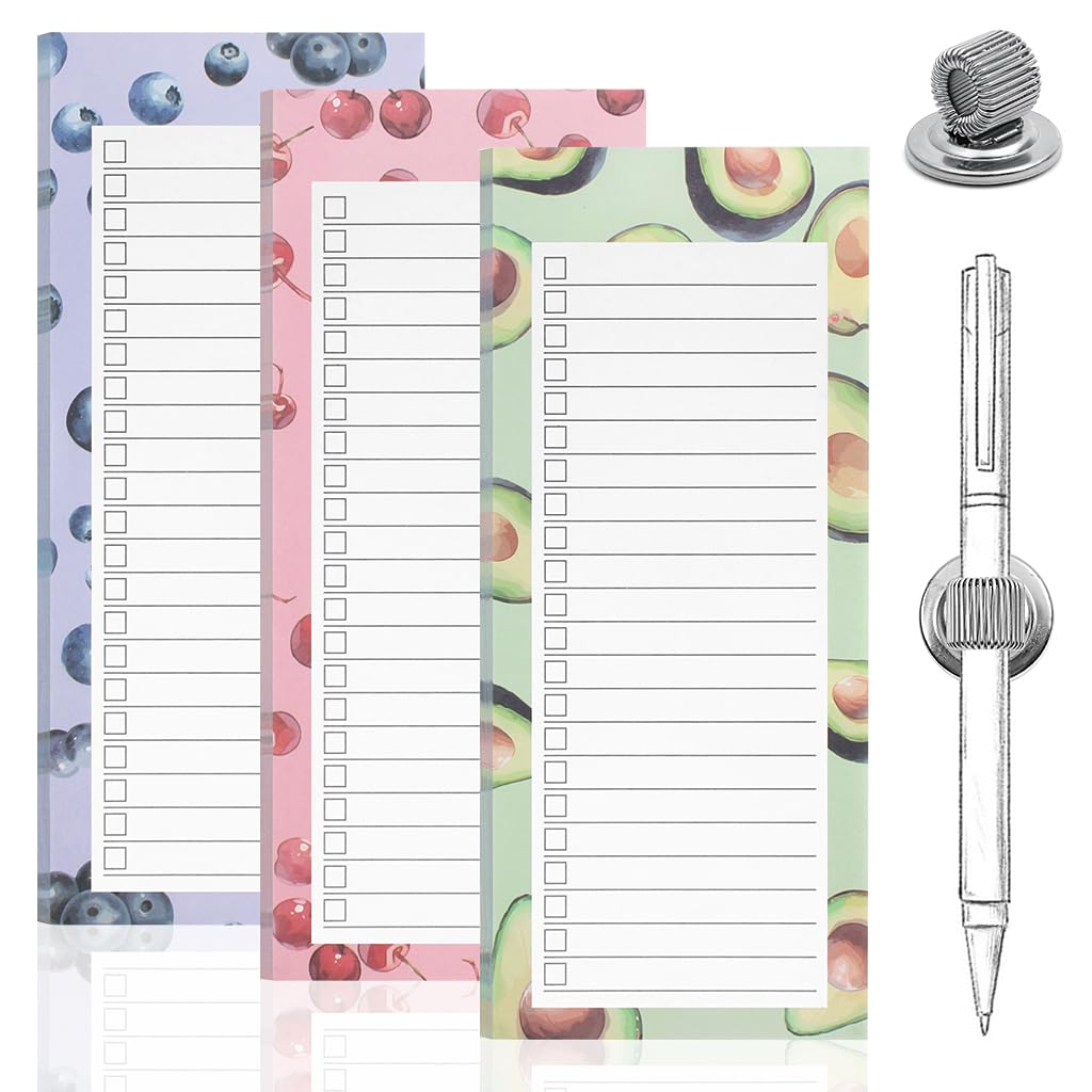 IKR 3 Pack Magnetic Shopping List Pad and 1 Magnetic Pen Clip Fruits Theme Magnetic Grocery List 150 Tear Off Sheets Magnet Memo Notepads for Fridge Locker Cabinet-8.9 x 21.3cm