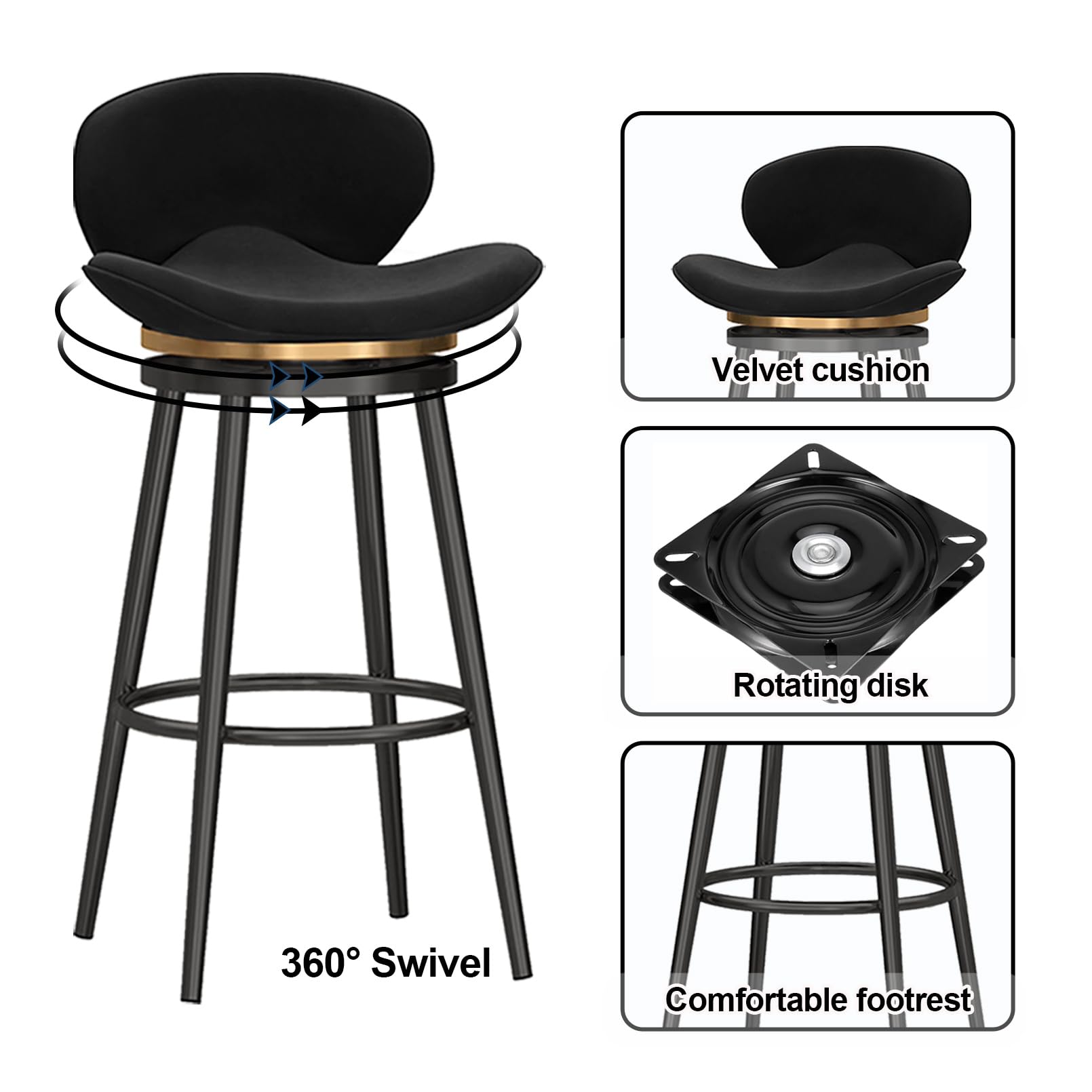 Juego de 3 taburetes de Bar giratorios Modernos de Terciopelo con reposapiés y Respaldo, taburetes de Cocina, sillas Altas de Comedor con Tirador de aro, Altura del Asiento 75 cm, Color Negro