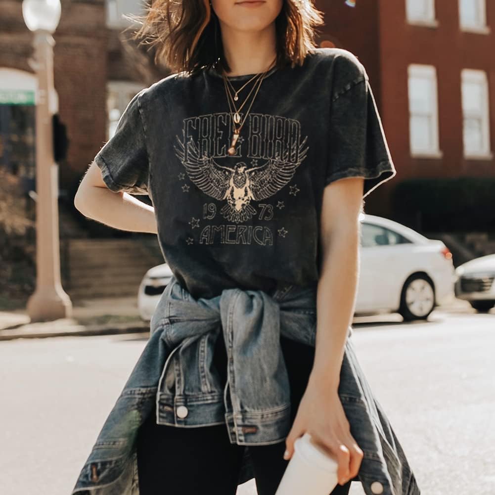 Vintage Rock Band T-Shirts for Women Retro Free Bird Eagle Graphic Country Music Tees Casual Loose Short Sleeve Tops - Image 2